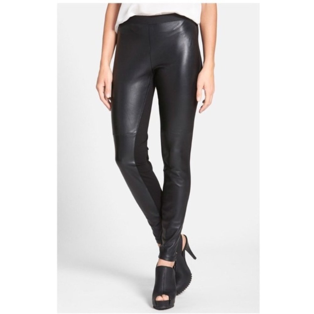 Eileen Fisher XS Leather Ponte Black Slim Pants Leggings XS Pull on